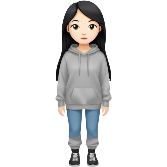full-body female avatar, flat vector, long black hair, oversized sweatshirt, neutral background emoji