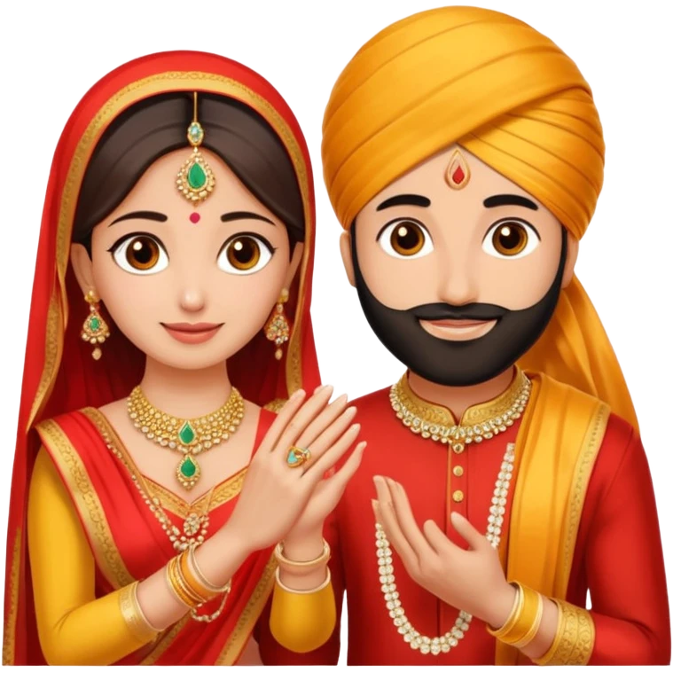Two hands in a engagement..One hand of groom and one hand of bride. Bride hand - red/yellow saree. groom- light orange punjabi (oonly hands will be visible in the image). Groom's hand is holding a ring and bride's hand will be wearing the ring emoji