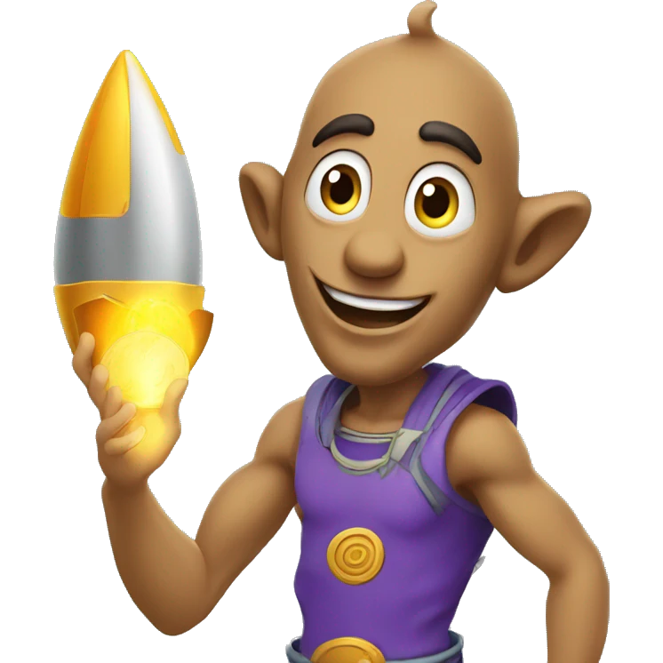 genie with a unnamed coin in his hand on a rocket emoji