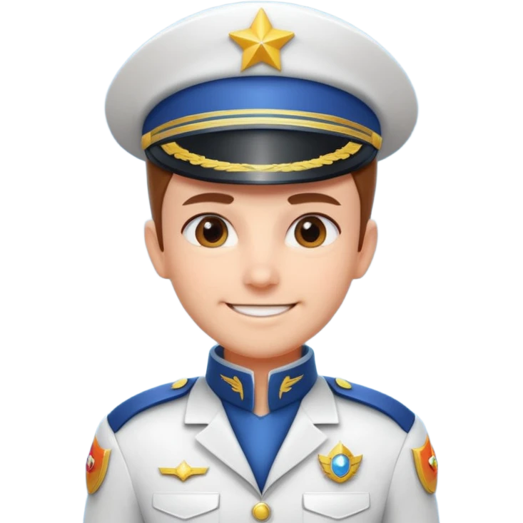 cute spaceship captain portrait, head and shoulders only, futuristic captain uniform collar, captain badge, confident smile, 3D cartoon, mobile game icon style, clean background, no text, no watermark
 emoji