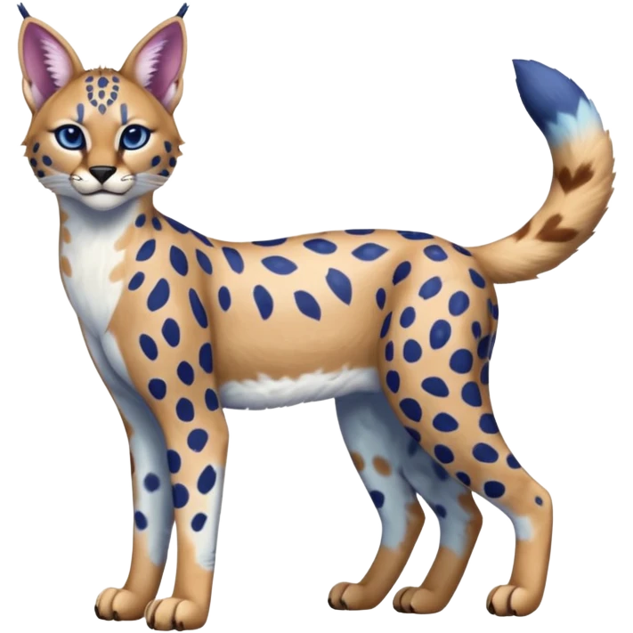 Colorful blubbery bluish cute adorable tropical exotic fruity blueberry-themed rosy Caracal-Cheetah-Serval-Snow-Leopard-Trico-Sergal-Vernid-fusion-hybrid-animal-creature, full body, with tribal markings emoji