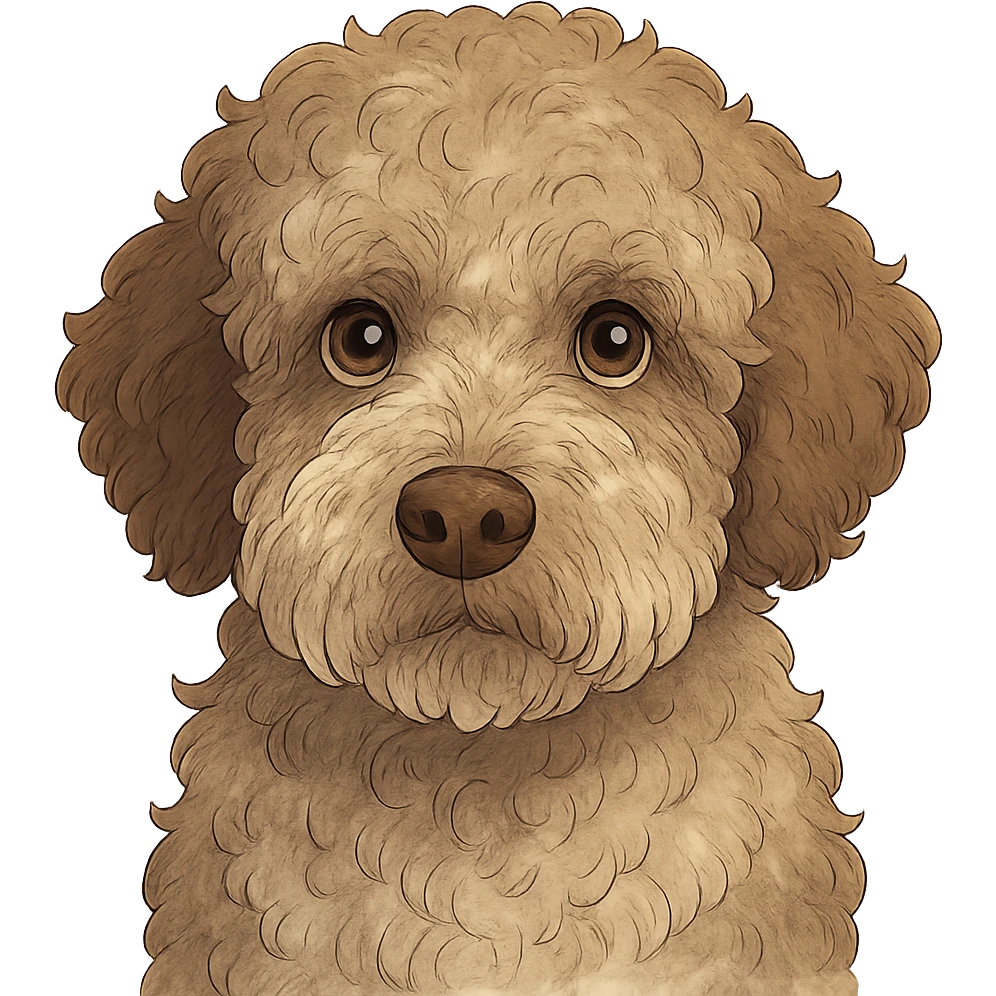close-up portrait of Lagotto Romagnolo dog, fluffy roan fur, expressive eyes, ghibli style emoji