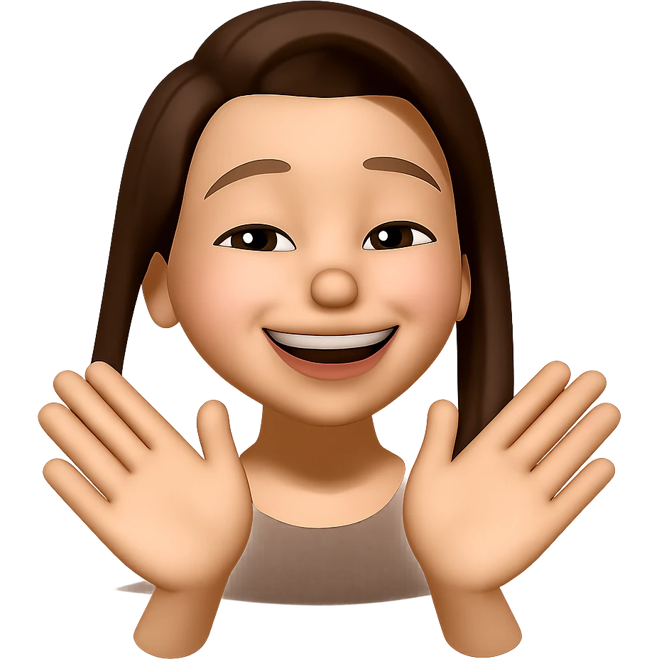 make her look joyful and like she just did something great but still humble, with a warm, happy, and modest expression and gesture, keep the same style emoji