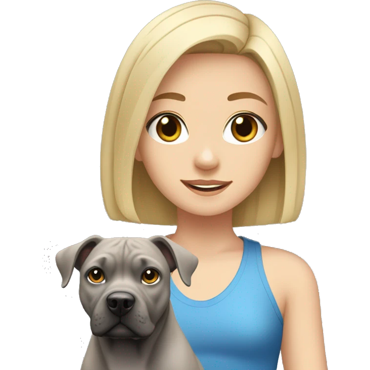 Blonde girl with a gray Staffordshire terrier; she has blue eyes and shoulder-length hair  emoji