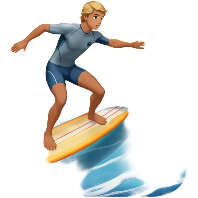 A surfer riding a large wave, skillfully balancing on their board as the ocean crashes around them. The scene captures the energy and excitement of surfing, with the sun setting in the background and the water sparkling under the light. emoji
