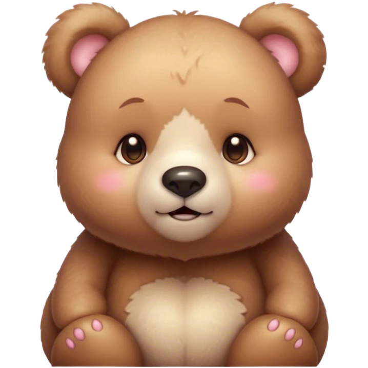 Cinematic cute soft bear, chubby round face, tiny ears, warm fuzzy fur, blushing cheeks, sparkling kind eyes, soft glowing background, heartwarming and huggable. emoji