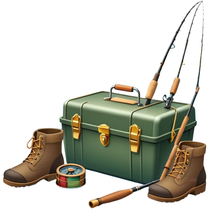 Icon for Fishing: a fishing tackle box, a spinning rods, boots, and a boat by a water body with a beautiful nature backdrop. The icon should evoke the peaceful and adventurous spirit of fishing. Transparent background. emoji