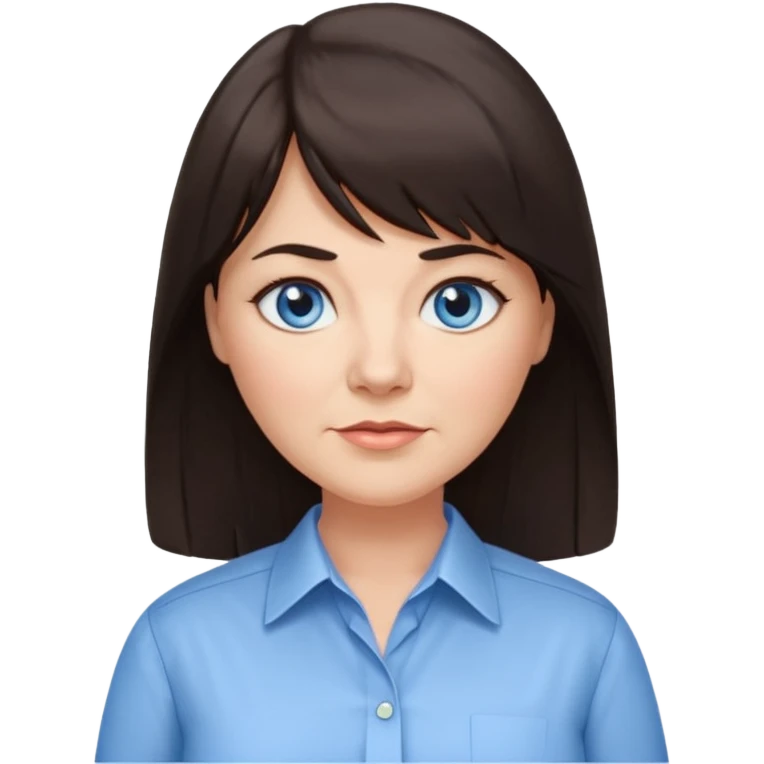 50 yr old woman, blue eyes, long straight dark brown hair, business shirt, chubby, bangs, long hair emoji
