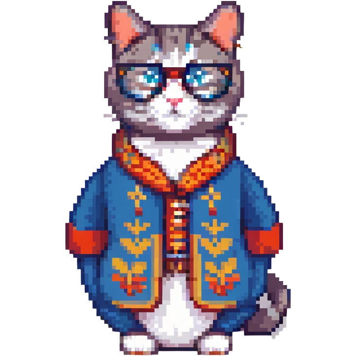 A cat in traditional Russian attire with glasses, retro and blocky. emoji