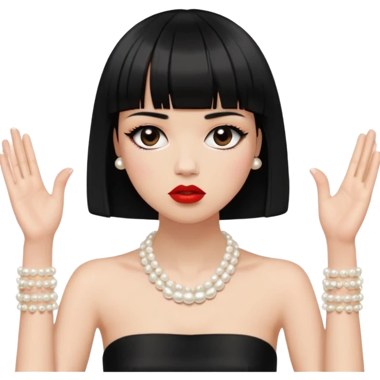 Face and Hair: The figure has a short, black blunt bob haircut with straight bangs. She has long eyelashes and red lipstick Jewelry and Accessories: The figure wears a pearl necklace and a bracelet, both depicted with small, evenly spaced circles. The right wrist has a bracelet, and the left hand is bare. Hands and Pose: Two disembodied hands are raised near the face. she wears a black strapless top. her fingers are splayed, creating a gesture that suggests frustration, stress, or theatrical exasperation. The posture feels very performative, almost frozen in mid-drama. emoji