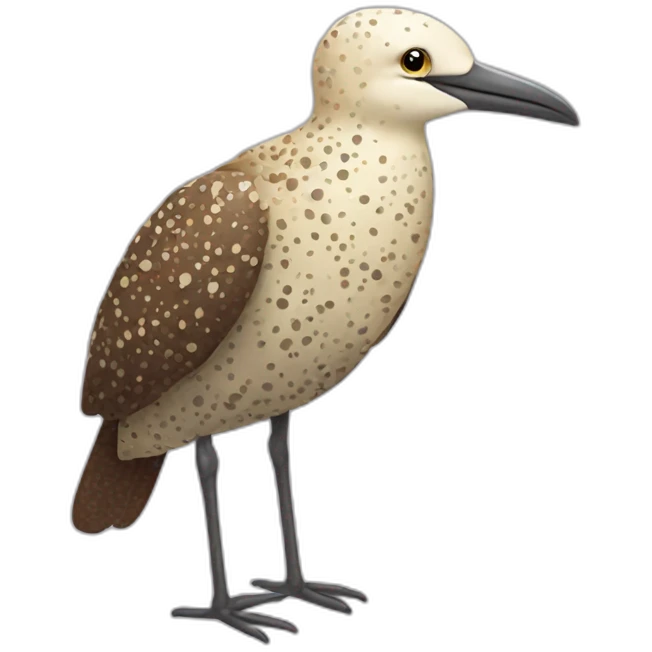 fluffy brown speckled sea bird with white spots and long legs and light yellow beak emoji