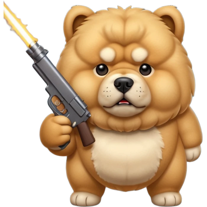 Funny cartoon-style chow chow dog with light fur standing on its hind legs and holding a gun menacingly emoji