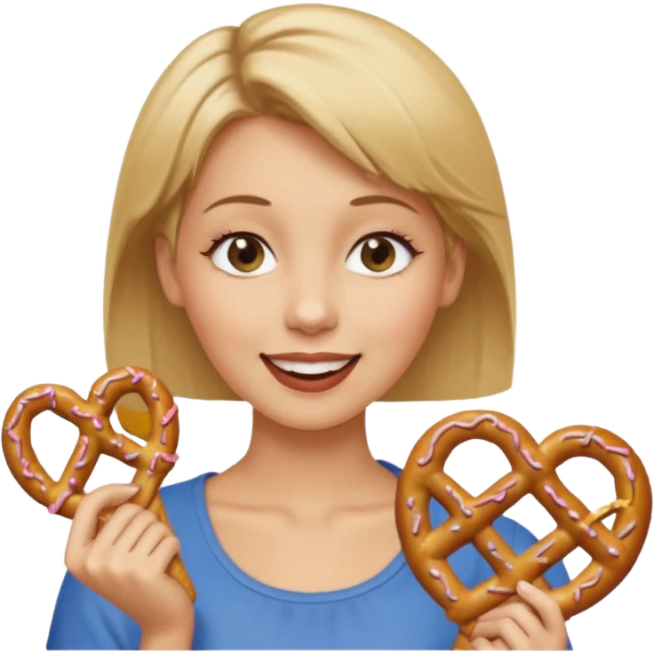 Short, Straight, Dirty blond hair, fair skin, woman winking holding pretzels emoji
