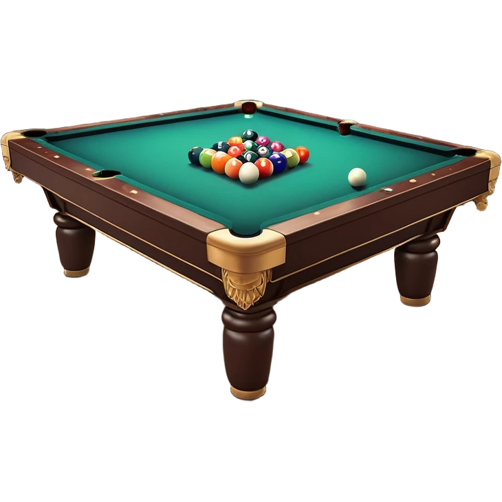 A billiard table with colorful balls arranged in a triangle, and a cue stick poised to break. The scene is set in a dimly lit room, with focused lighting highlighting the balls and table, emphasizing skill, precision, and strategy in the game of pool. emoji