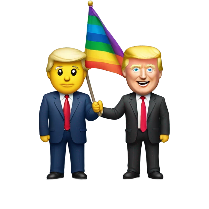 two men with a rainbow flag and donald trump emoji