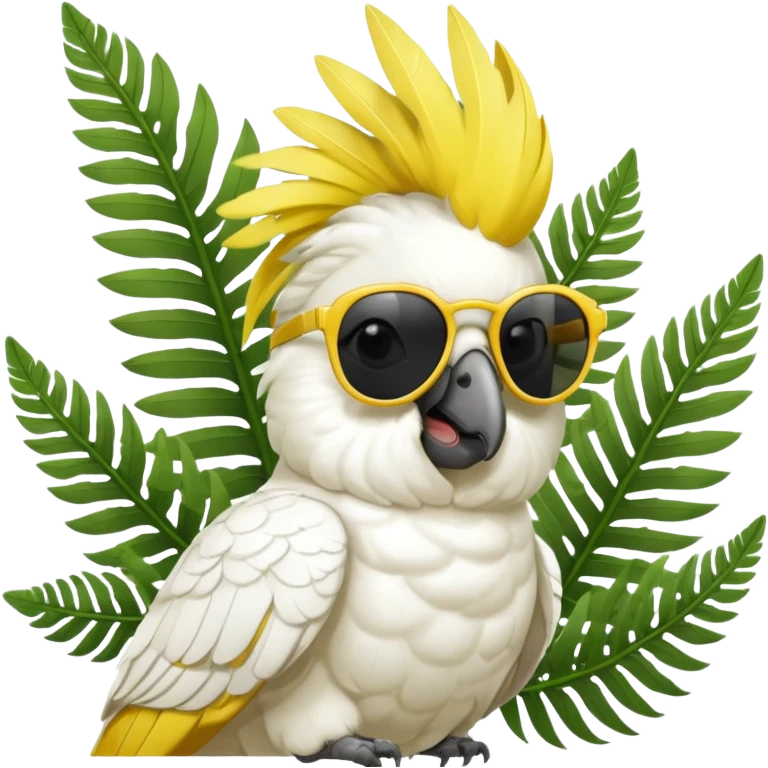 sulfer crested cockatoo wearing sunglasses sitting in a green fern tree emoji