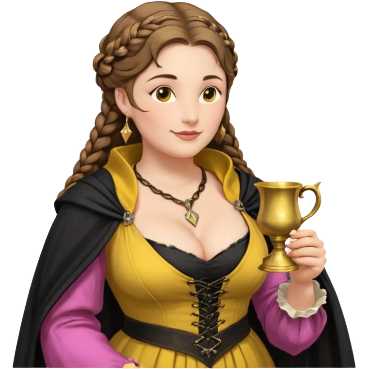 Helga Hufflepuff, half-turned in profile,brown-haired,2 braids,yellow-black medieval open dress,deep neckline,fat macromastia,black cloak decorated with gold braiding,gold cup with two handles,very kind smile,very busty curvy sweet woman,pink glossy lips,full length with medieval shoes yo emoji