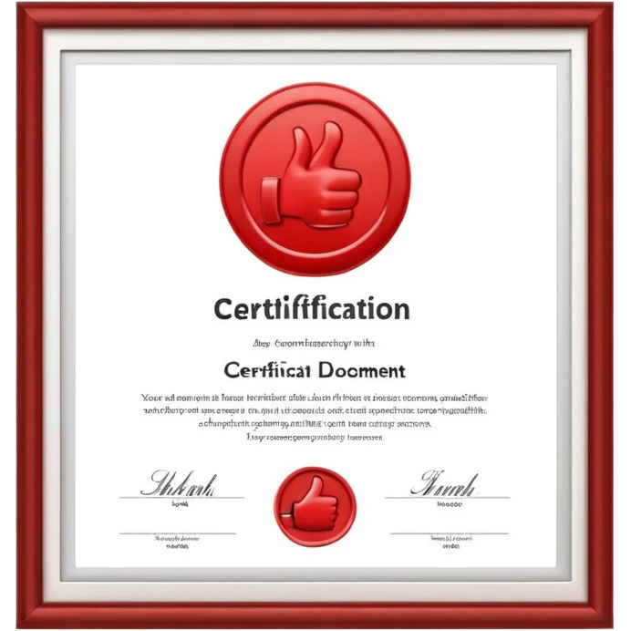 A simple emoji of a certificate document with a seal and a thumbs-up symbol, representing qualification or certification emoji