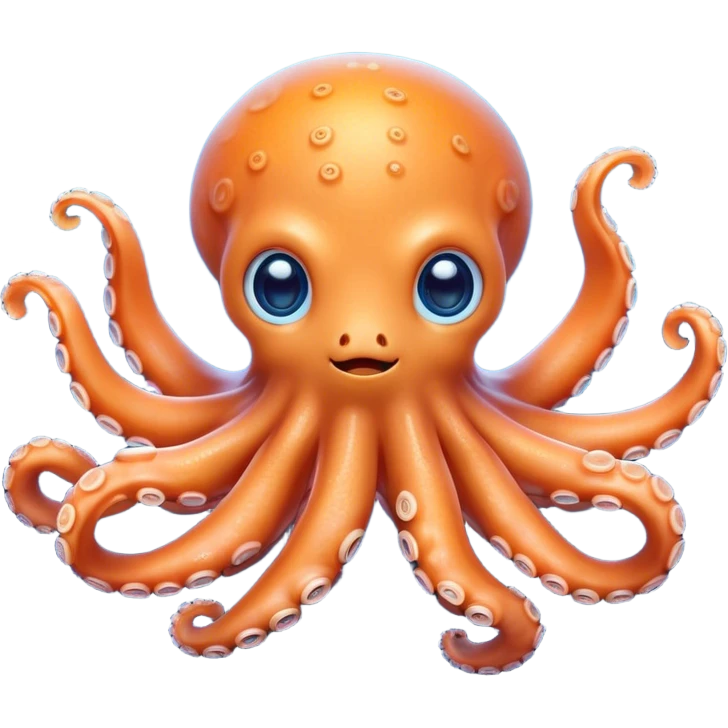 Cinematic Cute Octopus Portrait Emoji, Head tilted playfully and inquisitively, featuring a rounded, light orange body embellished with playful blue rings, eight adorably curling arms, and big, twinkling eyes full of wonder, Simplified yet irresistibly adorable features, highly detailed, glowing with a warm, inviting underwater glow, high shine, affectionate and lively, stylized with a touch of whimsical cartoon charm, soft glowing outline, capturing the essence of a mischievous yet loving octopus that seems as if it could bob out of the screen into your arms! emoji