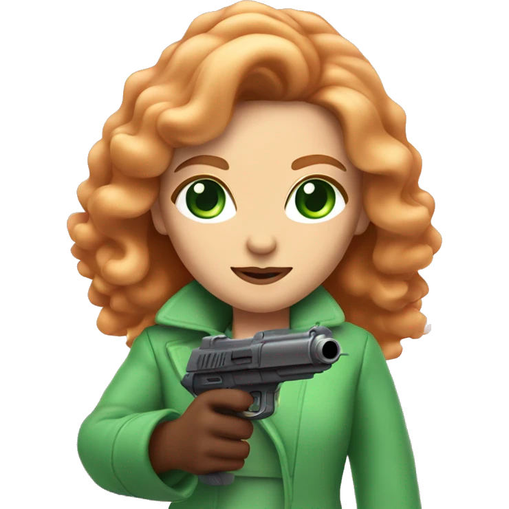 Women with long reddish blonde hair, green eyes, and a fluffy pink coat pointing a laser gun  emoji