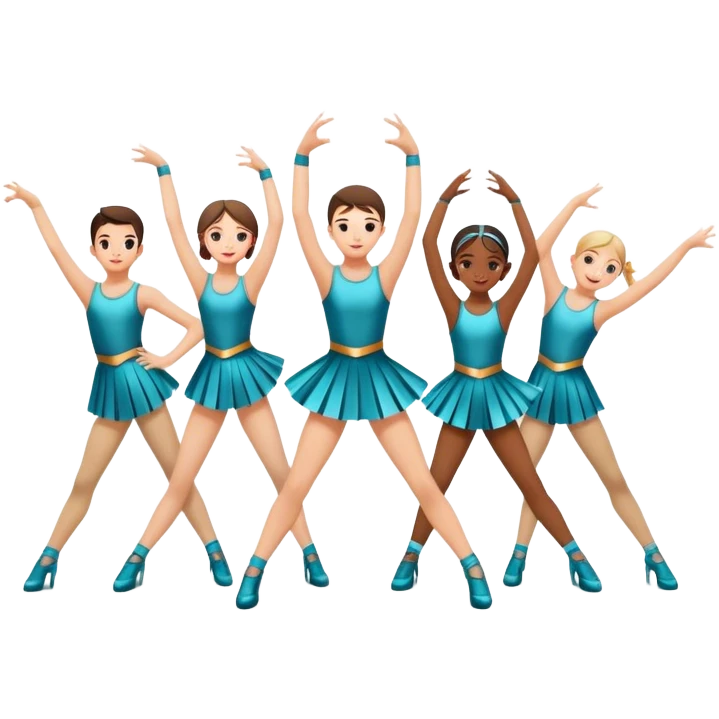 "Icon for Contemporary Dance: a synchronized boys and girls group performance on stage with backup dancers, bright stage lighting, and stylish dance outfits. The icon should capture the energy, precision, and excitement of a modern group dance performance. Transparent background. emoji