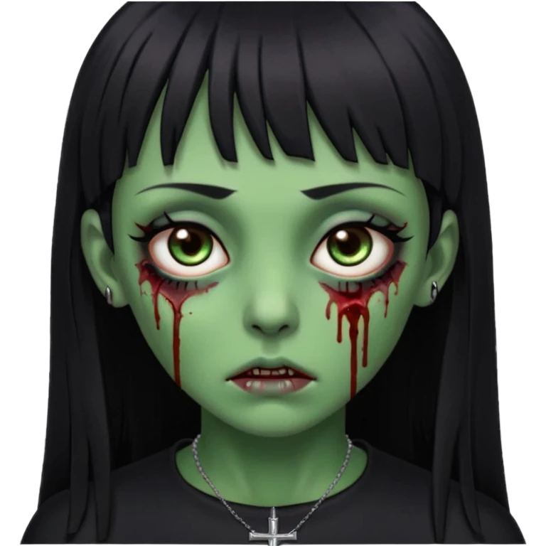 Zumbi verde com olhos castanhos aspecto de que tá sangrando, uma franja reta com cabelo preto um piercing do lado esquerdo do nariz, roupa preta e crucifixo como colar, e também delineador emoji