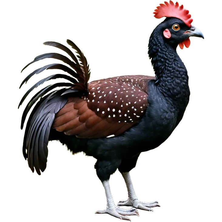A full-body image of a large, dark-colored bird resembling a curassow or guam, standing on a white background. The bird's body is predominantly a rich reddish-brown or chestnut color, with a pattern of fine white speckling or barring emoji