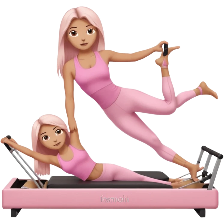 a girl doing reformer pilates, she is wearing a pastel pink fit and she has dark straight and loose hair.  emoji