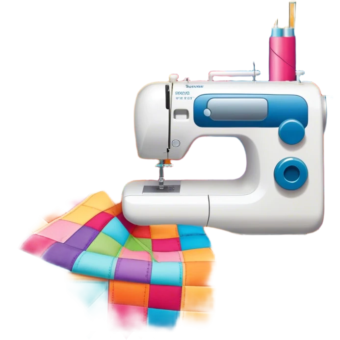 Patchwork and quilting icon, colorful fabric patches sewn together in a quilt pattern, sewing needle and thread, quilting tools like rotary cutter and quilting hoop, minimalistic style, clean lines, transparent background. emoji