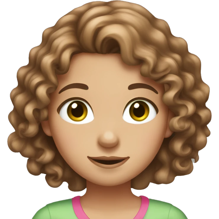 a girl with brown long hair, fair skin, green eyes, curly hair, pink blouse and pink hairpin emoji