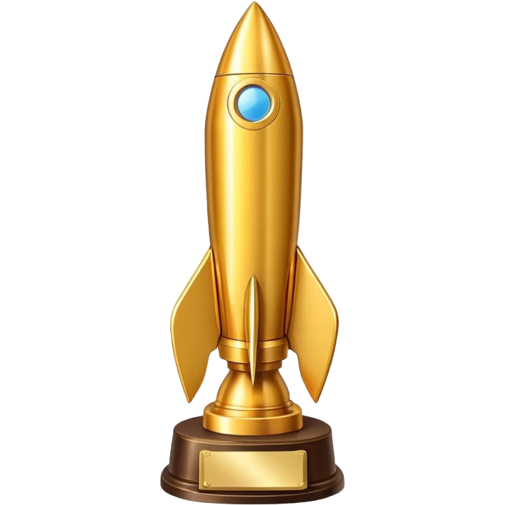 Golden rocket trophy award, shiny gold rocket with a trophy base emoji