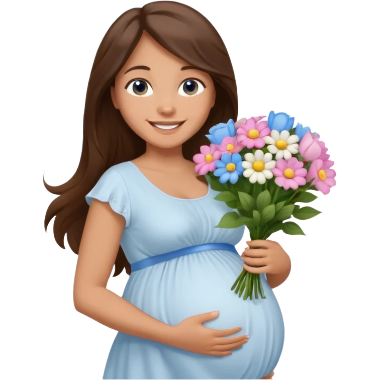 Create a cute emoji-style illustration of a young brunette woman with long brown hair, blue eyes, and a happy smile. She is pregnant, shown with a visible baby bump, wearing a simple white dress and holding a small bouquet of flowers. She looks excited and joyful, as if she's about to marry soon. emoji