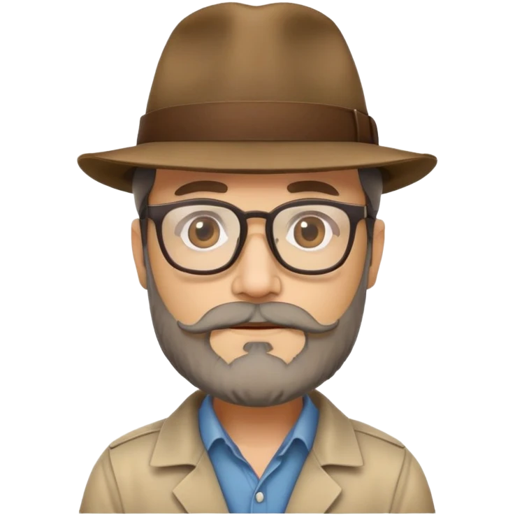 Nhà khảo cổ, 50 tuổi, đeo kính, có râu, đội mũ phớt mặt nhỏ emoji