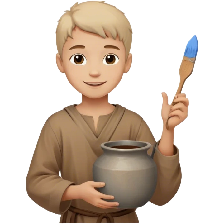 smiling painter boy 14th century with simple brown tunic and pot of paint emoji