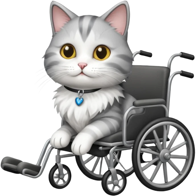 disabled grey and white cat using cat wheelchair emoji