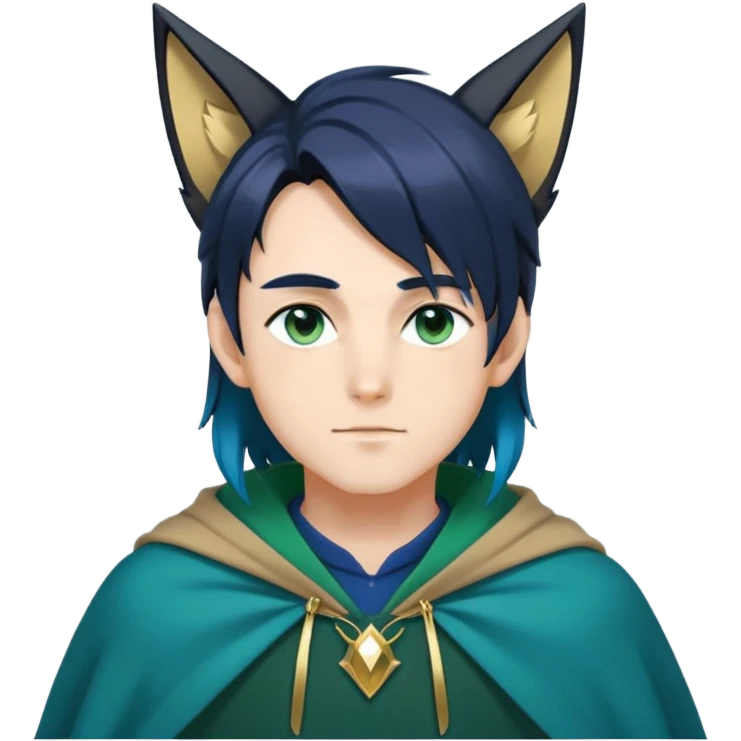 anime man with straight long dark-blue-black-gradient hair, long black fox ears, hazel-gradient-brown-turquoise eyes, gold earring, dark-blue-sweater, green cape,  emoji