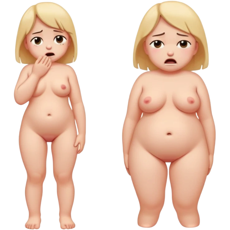 Full body, small little nude girl, flat chest, crying face, giant hips and ass, thin pussy emoji