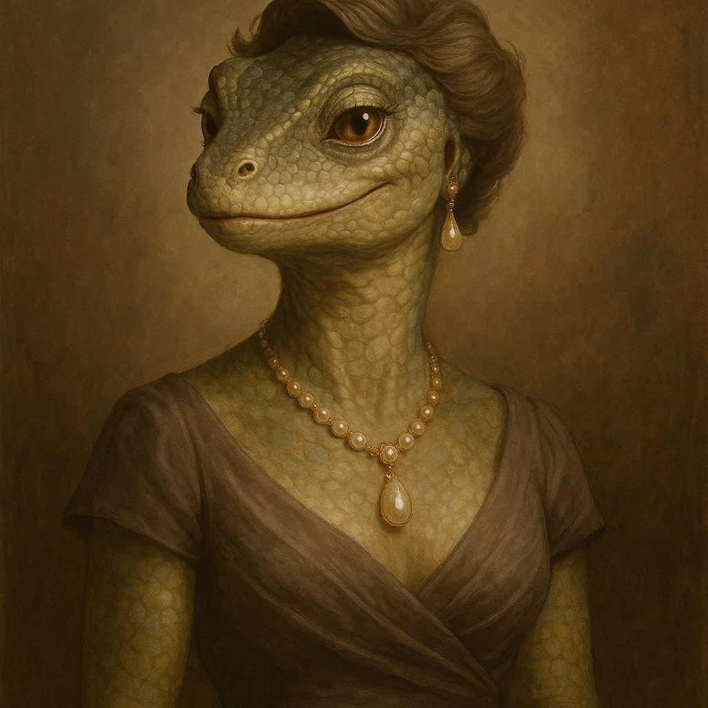 stylish anthropomorphic lizard mother, mature and attractive, wearing jewelry and fashionable dress, gentle smile, expressive eyes, soft lighting emoji