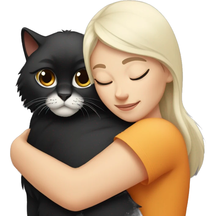 White woman with black hair hugging a Himalayan cat tiger emoji