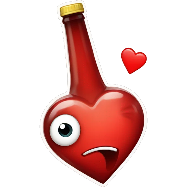 A red heart ❤️ with eyes, a mouth, and hands, tipsy and drunk, holding a bottle, looking wobbly and playful emoji