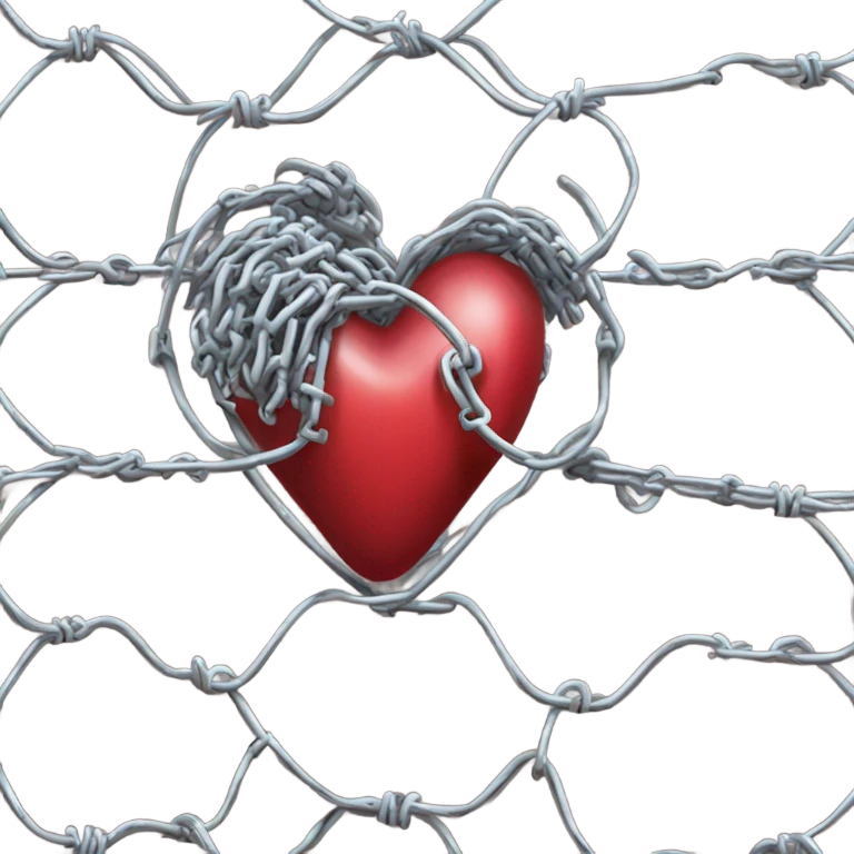 A wall of chain link fencing topped with razor wire forms a circle with a human heart in the middle  of it  emoji