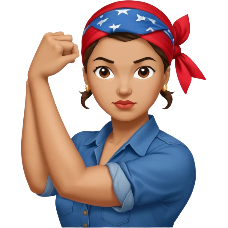 Rosie the Riveter traditional pose showing strength, blue work shirt, red bandana emoji