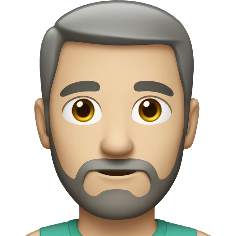 white man with very short beard and very short hair. the hair is a little bit grey (with a little black). greyish green shirt. he has blue eyes. emoji