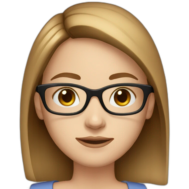 young white woman, brown straight hair, blue eyes, wearing glasses with black frame emoji