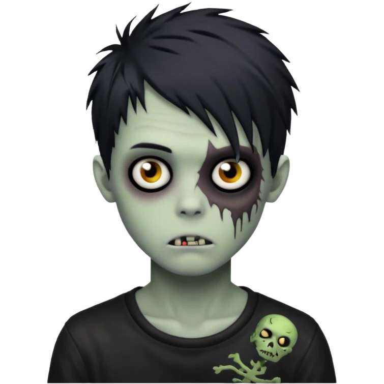 Zombie Boy with black emo messy hair and teenager aparience, black background emoji