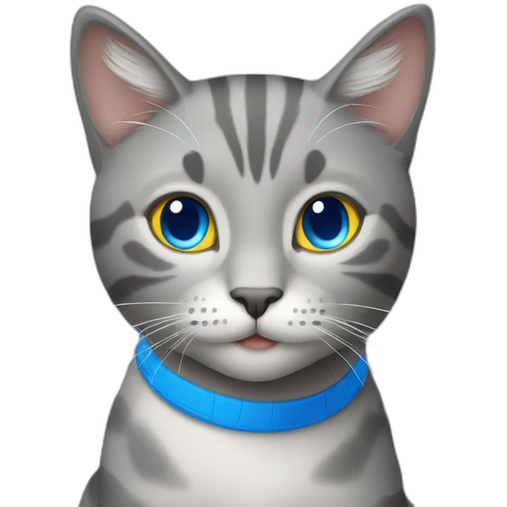 a happy gray cat with blue eyes and a blue and yellow volleyball emoji