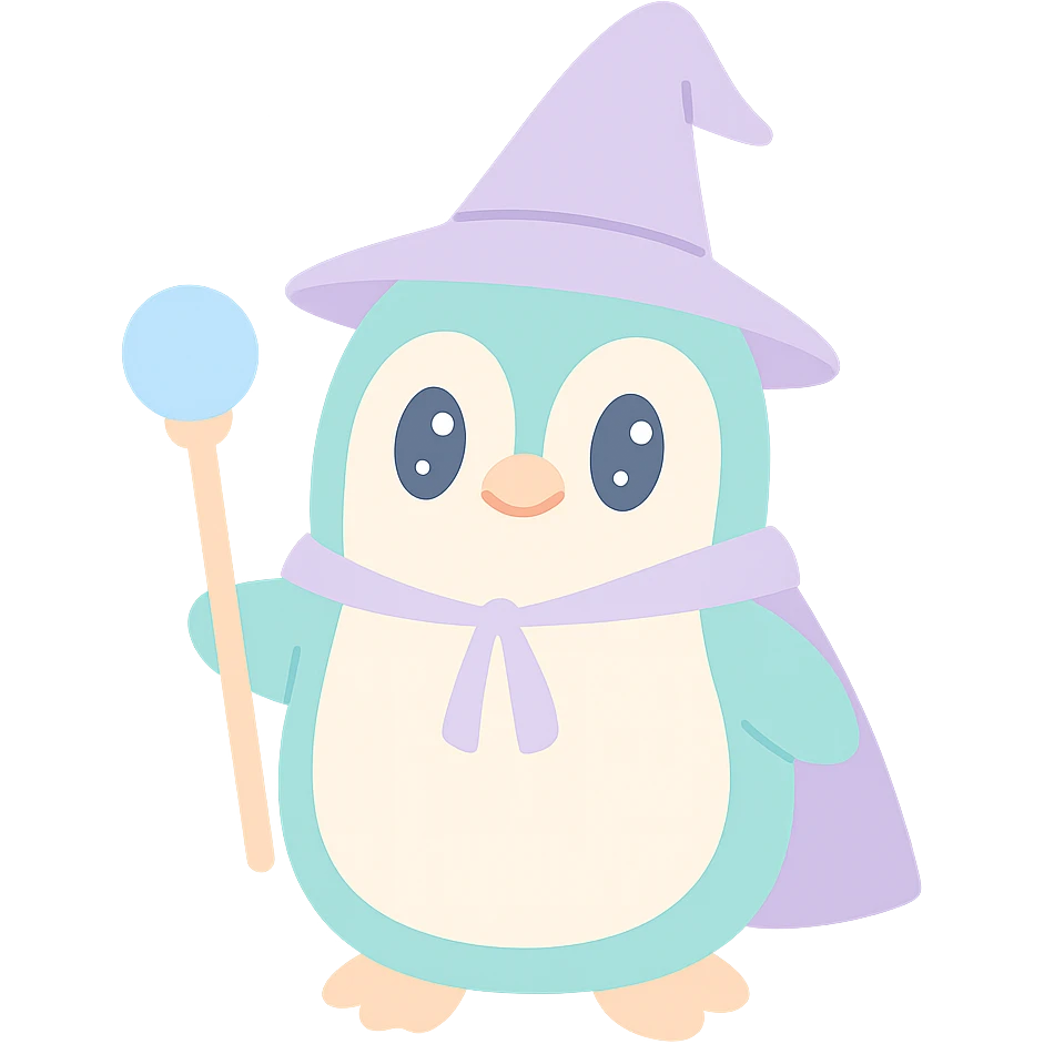 a penguin dressed as a wizard, wearing a pointed hat and holding a magic staff, cute and whimsical style emoji