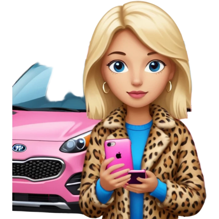 a blondie queen Arina in a leopard fur and pink iPhone on her kia Sportage white car. blue eyes emoji