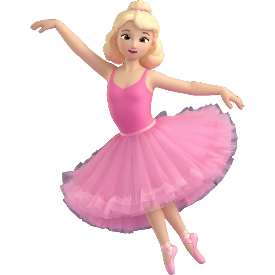 ballerina with blonde hair and white skin, pink tutu, dynamic dance pose, soft lighting, 3D style emoji