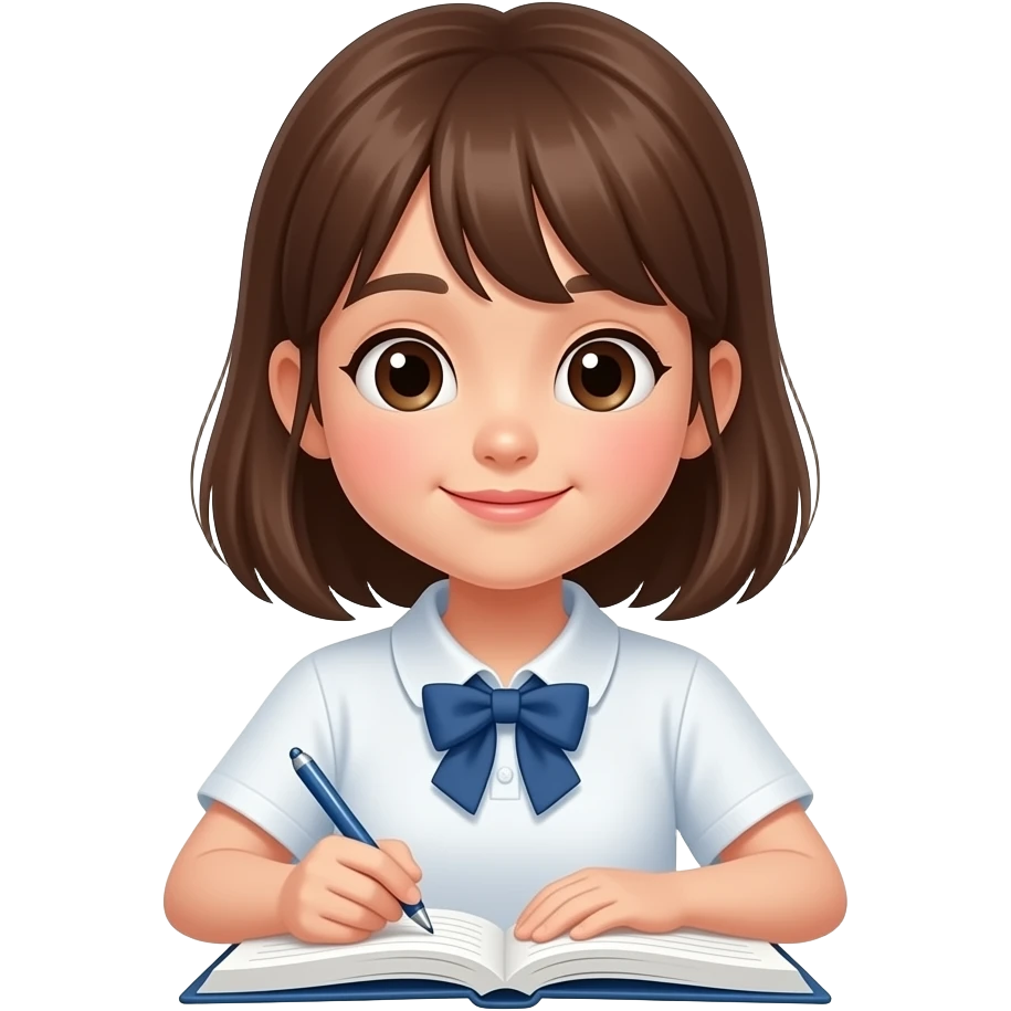 Asian girl with brown hair studying emoji emoji